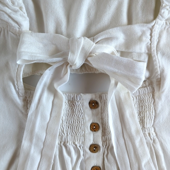 Free People Linen Bom‎ Bom Island Mini Sz L Puff Straps Cutout Bow Back Cottage - Picture 9 of 11